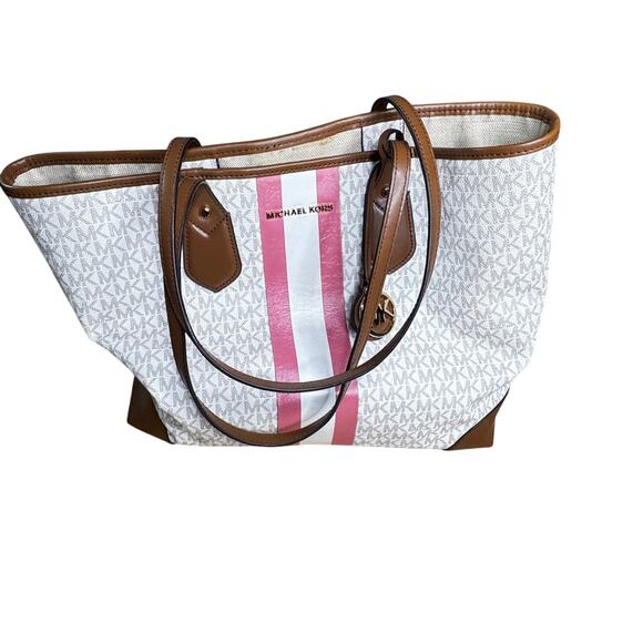 Michael Kors Eva Large Tote White/Ivory Pink Stripe Coated Canvas Purse Bag - Picture 1 of 13